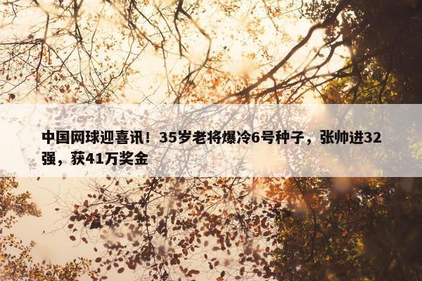 中国网球迎喜讯！35岁老将爆冷6号种子，张帅进32强，获41万奖金