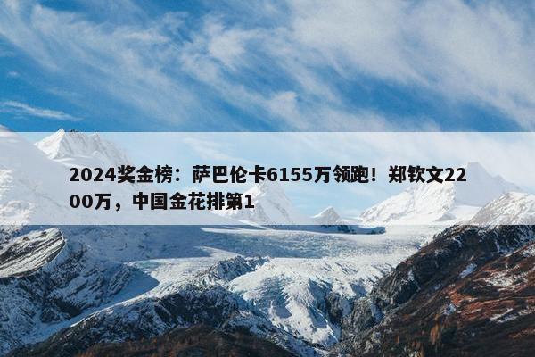 2024奖金榜：萨巴伦卡6155万领跑！郑钦文2200万，中国金花排第1