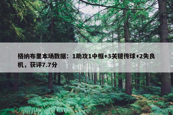 格纳布里本场数据：1助攻1中框+3关键传球+2失良机，获评7.7分